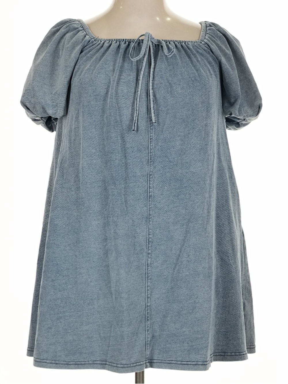 Exlura Washed Light Blue Off-Shoulder Mini Dress with Puff Sleeves